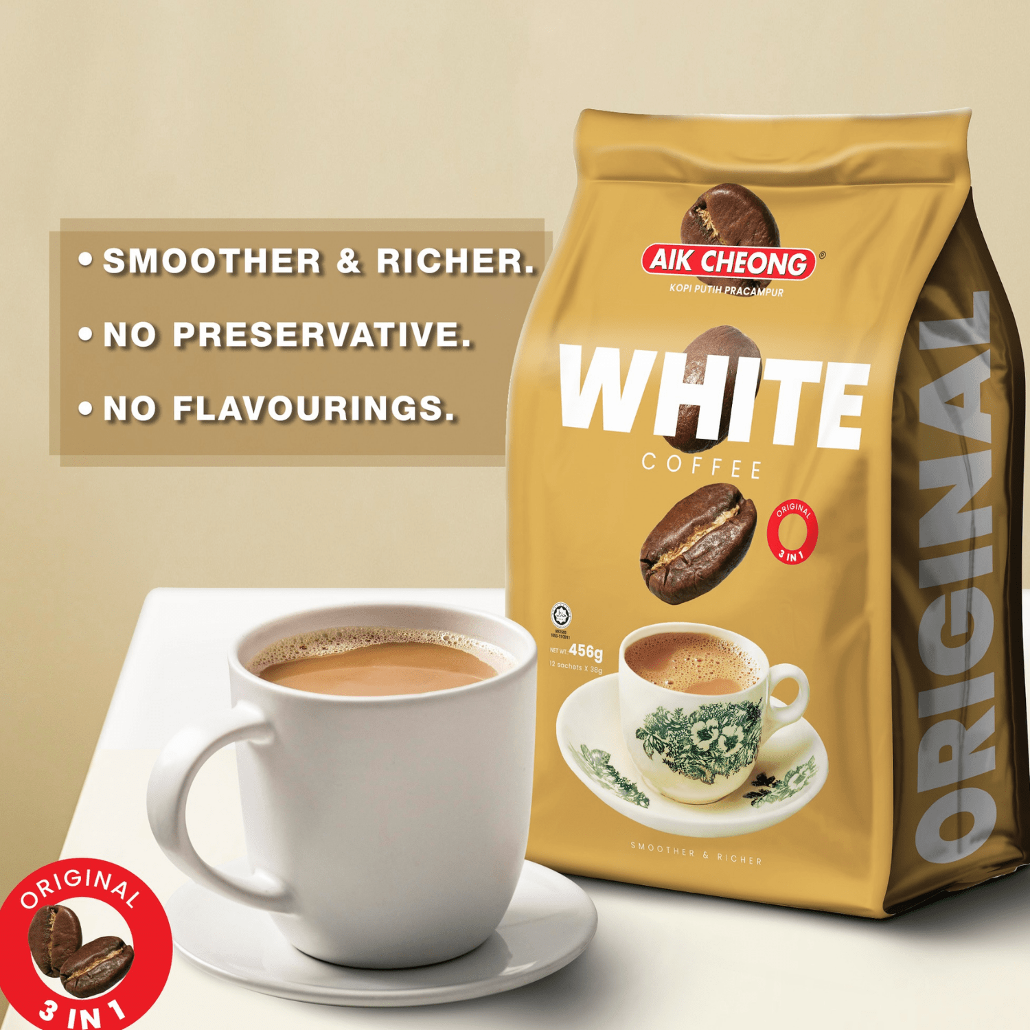 [TRIPLE PACK] AIK CHEONG White Coffee 3 - IN - 1 Original 3 X 12 X 38G (SACHET) - ABSOLUTE MART[TRIPLE PACK] AIK CHEONG White Coffee 3 - IN - 1 Original 3 X 12 X 38G (SACHET)Instant Coffees & Coffee Granules
