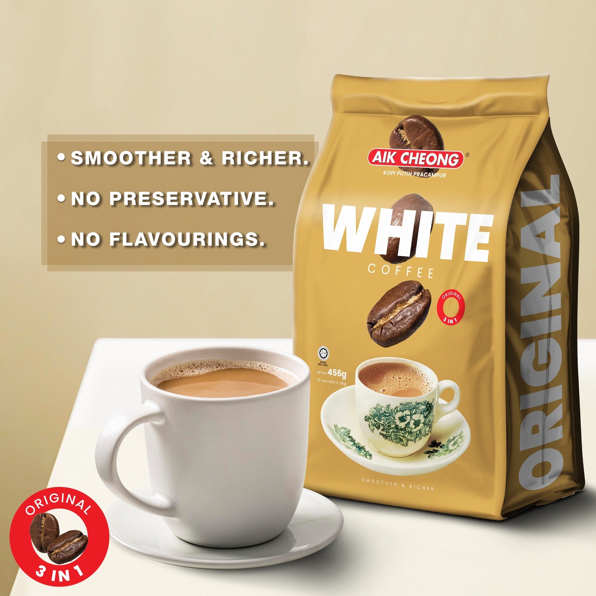 [TRIPLE PACK] AIK CHEONG White Coffee 3 - IN - 1 Original 3 X 12 X 38G (SACHET) - ABSOLUTE MART[TRIPLE PACK] AIK CHEONG White Coffee 3 - IN - 1 Original 3 X 12 X 38G (SACHET)