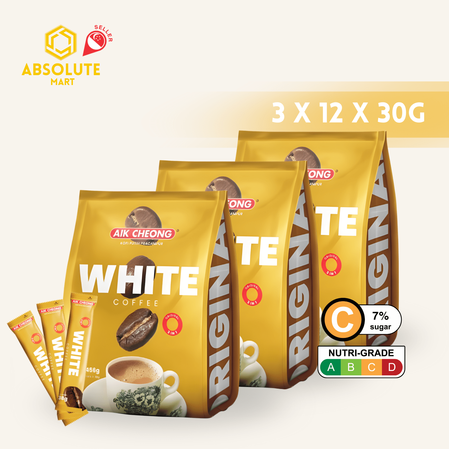 [TRIPLE PACK] AIK CHEONG White Coffee 3 - IN - 1 Original 3 X 12 X 38G (SACHET) - ABSOLUTE MART[TRIPLE PACK] AIK CHEONG White Coffee 3 - IN - 1 Original 3 X 12 X 38G (SACHET)Instant Coffees & Coffee Granules