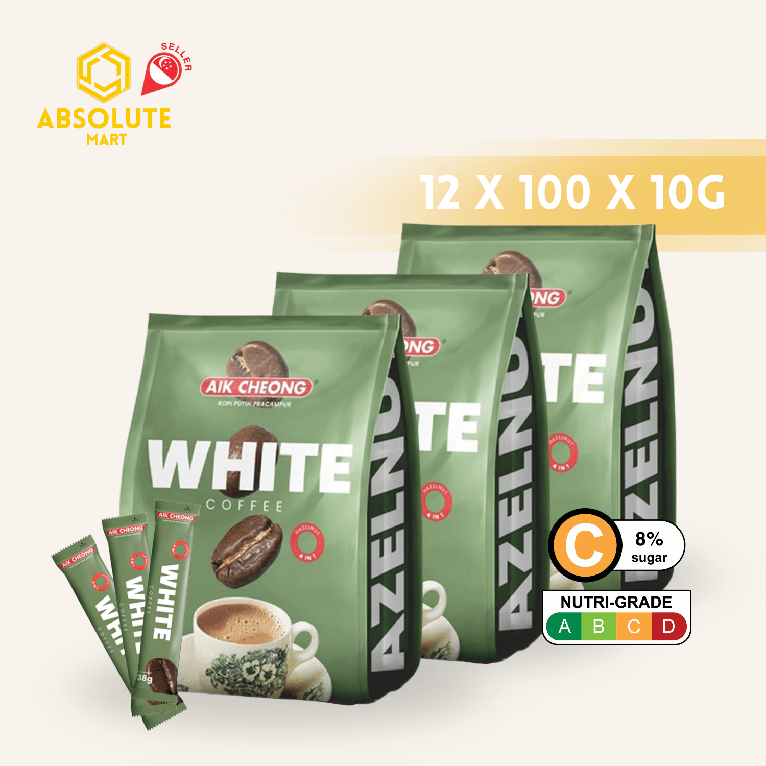 [TRIPLE PACK] AIK CHEONG White Coffee 4 - IN - 1 Hazelnut 3 X 12 X 38G (SACHET) - ABSOLUTE MART[TRIPLE PACK] AIK CHEONG White Coffee 4 - IN - 1 Hazelnut 3 X 12 X 38G (SACHET)Instant Coffees & Coffee Granules