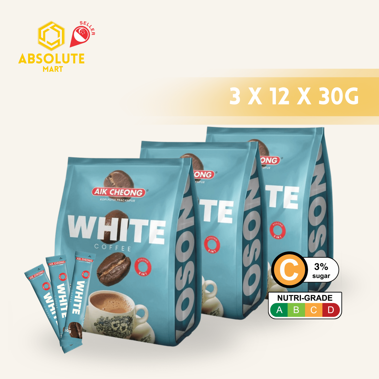 [TRIPLE PACK] AIK CHEONG White Coffee Kosong 2 - IN - 1 No Sugar 3 X 12 X 30G (SACHET) - ABSOLUTE MART[TRIPLE PACK] AIK CHEONG White Coffee Kosong 2 - IN - 1 No Sugar 3 X 12 X 30G (SACHET)Instant Coffees & Coffee Granules