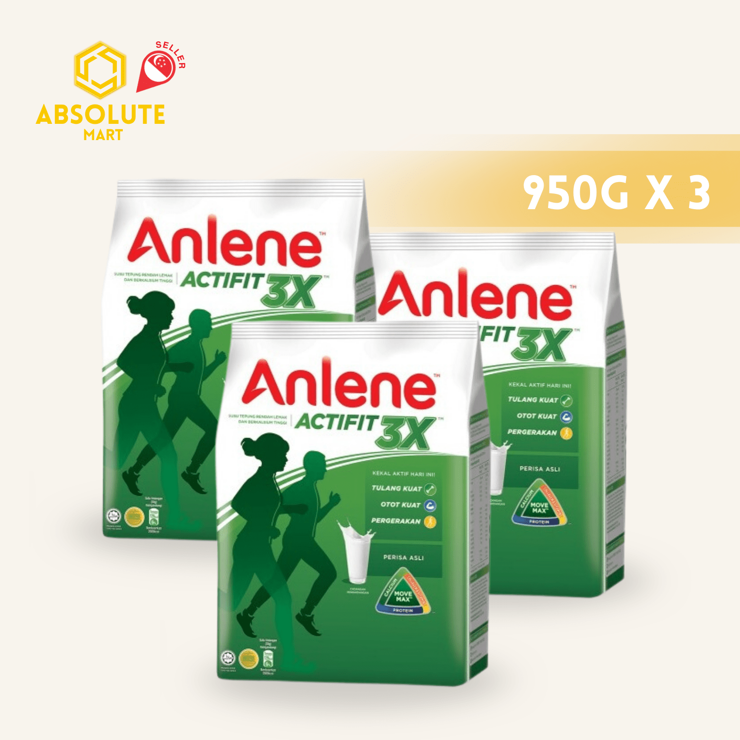 [TRIPLE PACK] ANLENE 3X Actifit Regular 950G X 3 (PACKETS) - ABSOLUTE MART[TRIPLE PACK] ANLENE 3X Actifit Regular 950G X 3 (PACKETS)Powdered Milk