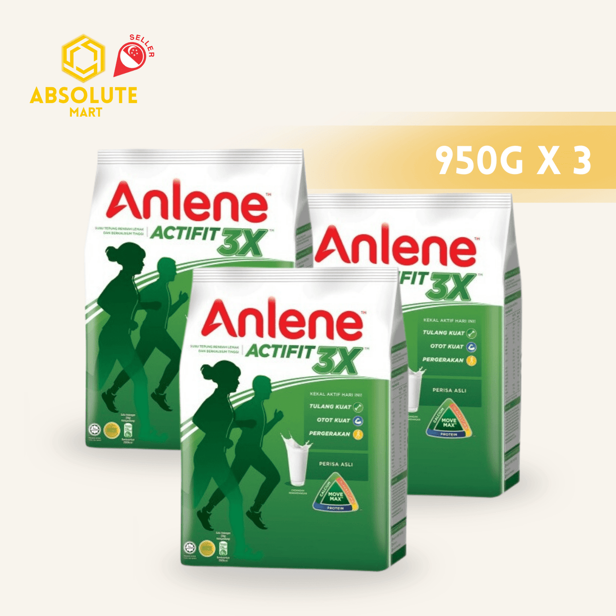 [TRIPLE PACK] ANLENE 3X Actifit Regular 950G X 3 (PACKETS) - ABSOLUTE MART[TRIPLE PACK] ANLENE 3X Actifit Regular 950G X 3 (PACKETS)Powdered Milk