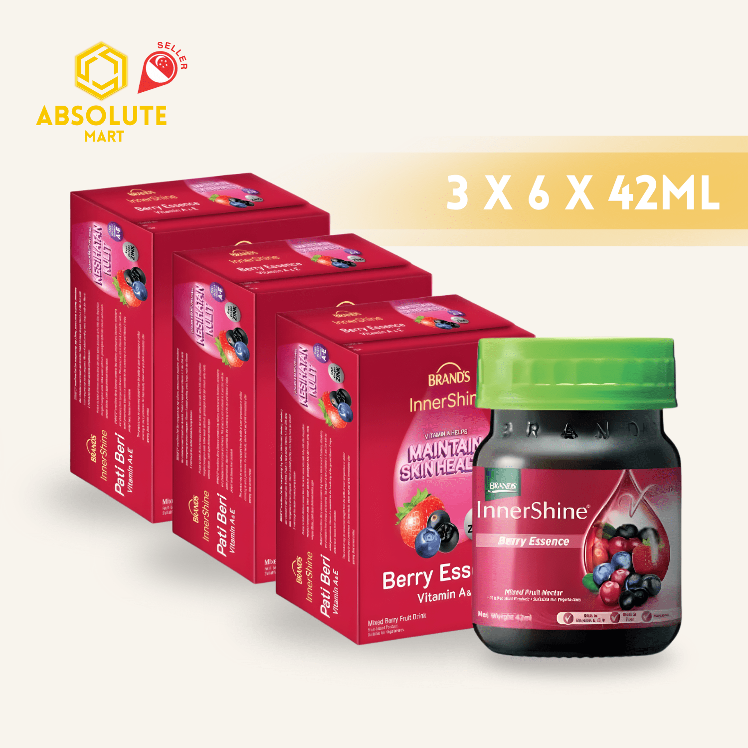 [TRIPLE PACK] BRAND'S Innershine Berry Essence with Vit E12 42ML X 6 X 3 Pack (GLASS) - ABSOLUTE MART[TRIPLE PACK] BRAND'S Innershine Berry Essence with Vit E12 42ML X 6 X 3 Pack (GLASS)Brands Essence