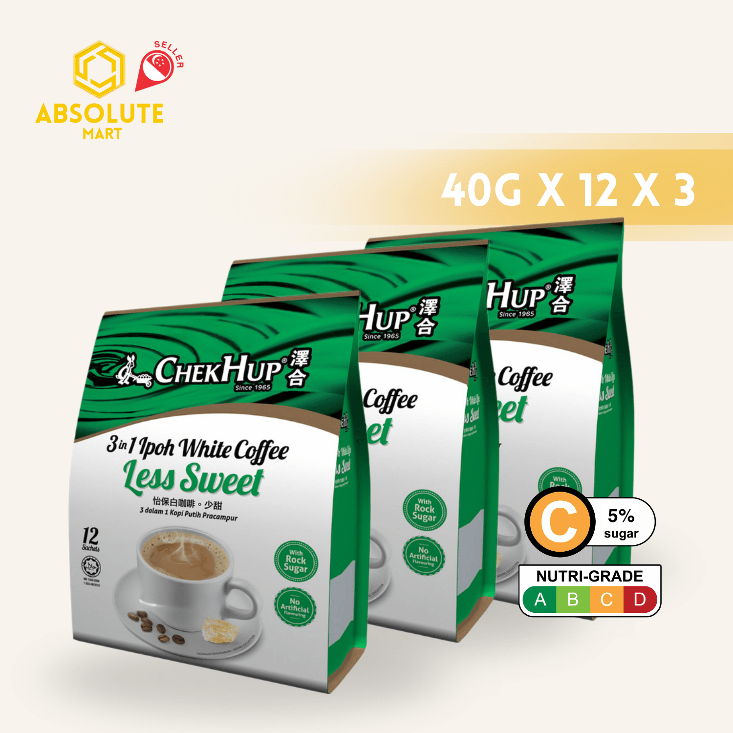 [TRIPLE PACK] CHEK HUP Ipoh White Coffee Less Sweet 3 - IN - 1 3 X 12 X 40G (SACHET) - ABSOLUTE MART[TRIPLE PACK] CHEK HUP Ipoh White Coffee Less Sweet 3 - IN - 1 3 X 12 X 40G (SACHET)Instant Coffees & Coffee Granules