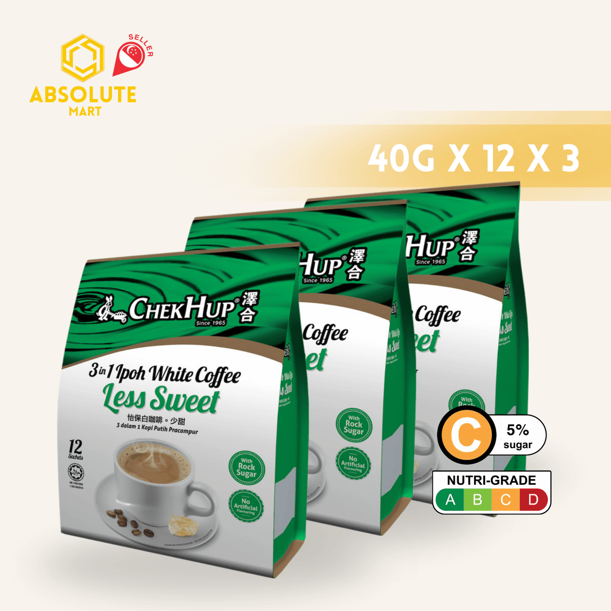 [TRIPLE PACK] CHEK HUP Ipoh White Coffee Less Sweet 3 - IN - 1 3 X 12 X 40G (SACHET) - ABSOLUTE MART[TRIPLE PACK] CHEK HUP Ipoh White Coffee Less Sweet 3 - IN - 1 3 X 12 X 40G (SACHET)Instant Coffees & Coffee Granules