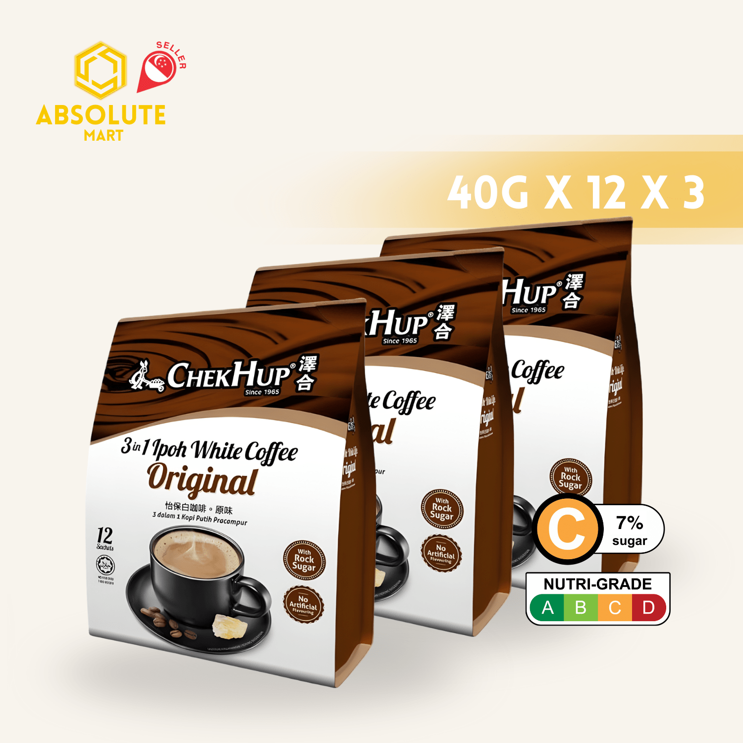 [TRIPLE PACK] CHEK HUP Ipoh White Coffee Original 3 - IN - 1 3 X 12 X 40G (SACHET) - ABSOLUTE MART[TRIPLE PACK] CHEK HUP Ipoh White Coffee Original 3 - IN - 1 3 X 12 X 40G (SACHET)Instant Coffees & Coffee Granules