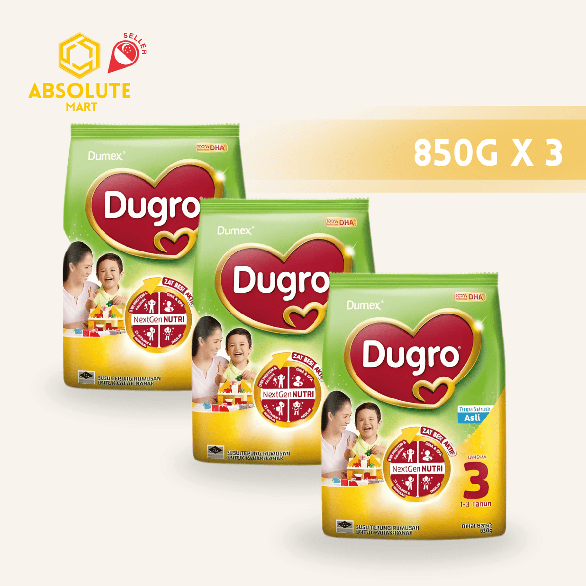 [TRIPLE PACK] DUMEX DUGRO Stage 3 Regular 850G X 3 (PACKETS) - ABSOLUTE MART[TRIPLE PACK] DUMEX DUGRO Stage 3 Regular 850G X 3 (PACKETS)Powdered Milk