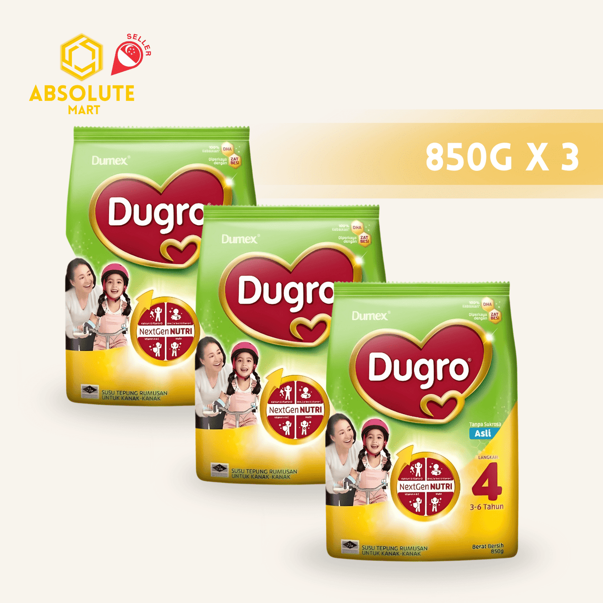 [TRIPLE PACK] DUMEX DUGRO Stage 4 Regular 850G X 3 (PACKETS) - ABSOLUTE MART[TRIPLE PACK] DUMEX DUGRO Stage 4 Regular 850G X 3 (PACKETS)Powdered Milk