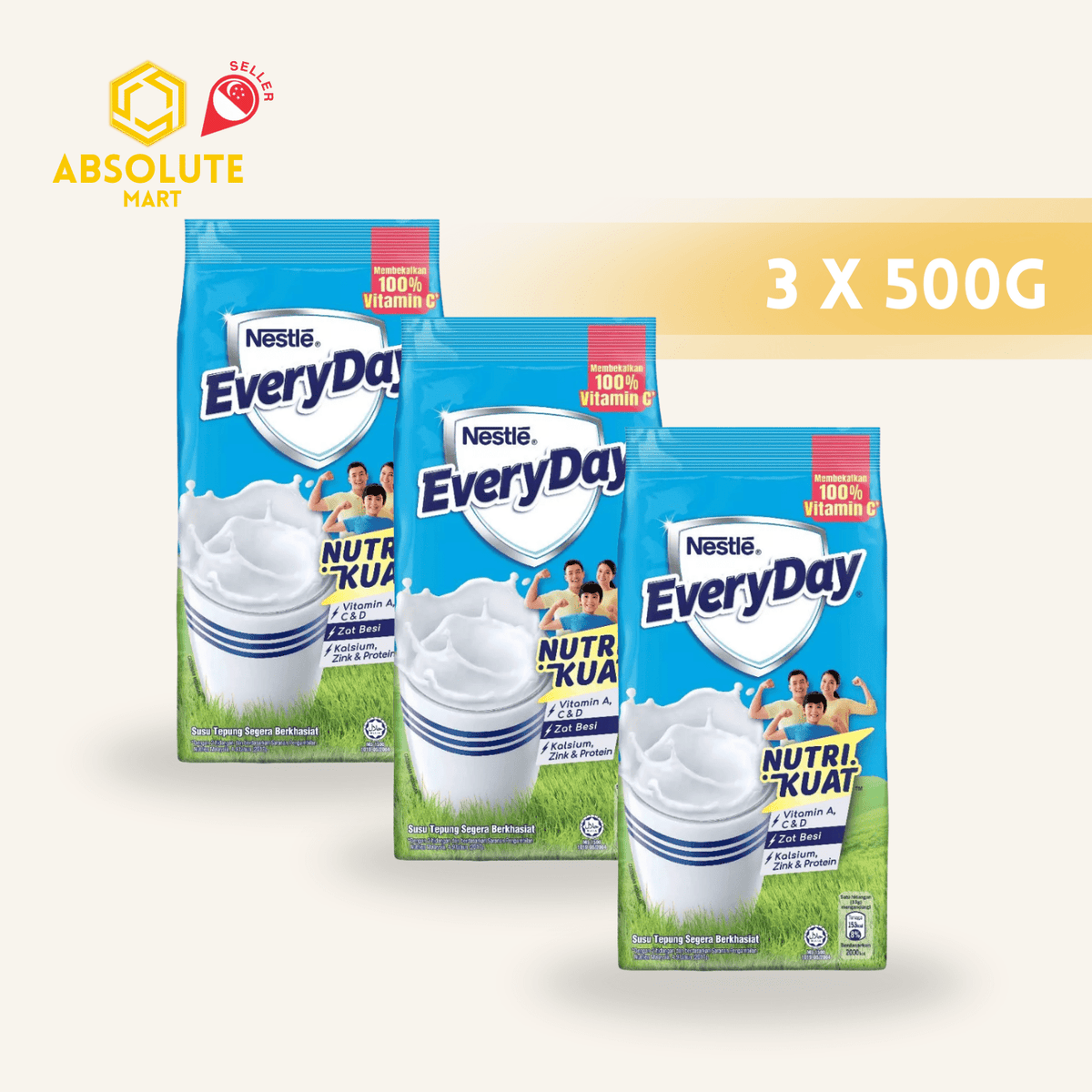 [TRIPLE PACK] EVERYDAY Full Cream Milk Powder Refill Pack 500G X 3 (PACKETS) - ABSOLUTE MART[TRIPLE PACK] EVERYDAY Full Cream Milk Powder Refill Pack 500G X 3 (PACKETS)Powdered Milk