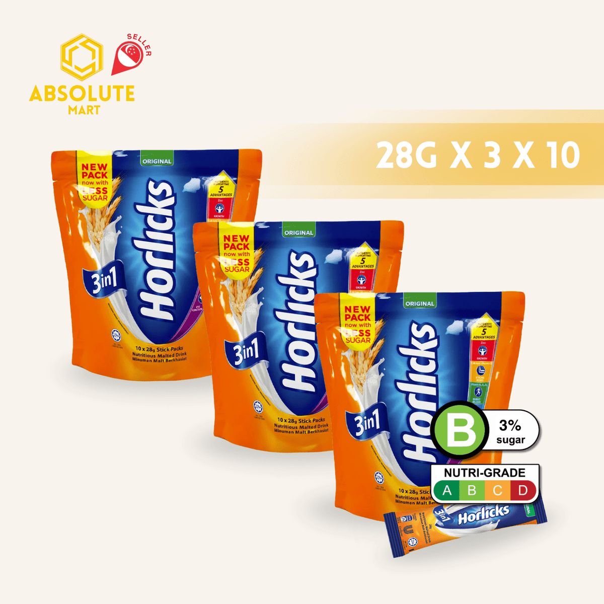 [TRIPLE PACK] HORLICKS 3 - IN - 1 3 PACK X 10 X 28G (SACHET) - ABSOLUTE MART[TRIPLE PACK] HORLICKS 3 - IN - 1 3 PACK X 10 X 28G (SACHET)Malt Drinks