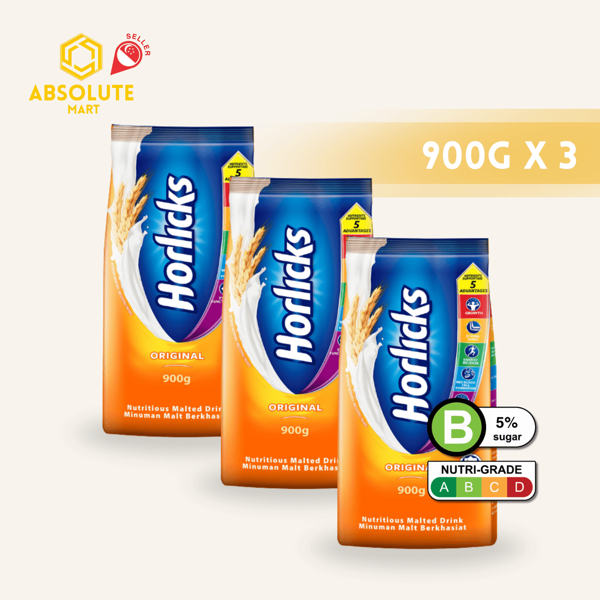 [TRIPLE PACK] HORLICKS Original Refill Pack 900G X 3 (PACKETS) - ABSOLUTE MART[TRIPLE PACK] HORLICKS Original Refill Pack 900G X 3 (PACKETS)Malt Drinks