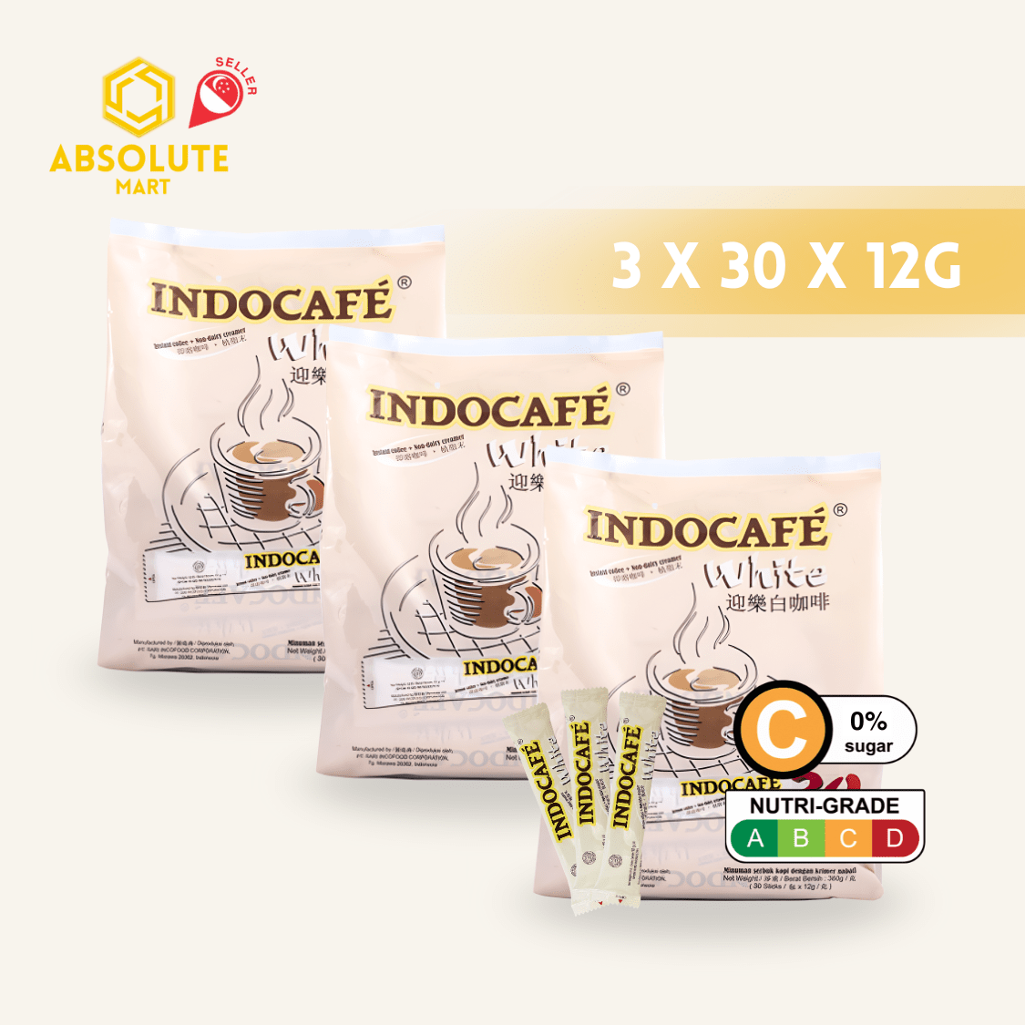 [TRIPLE PACK] INDOCAFE White Coffee 3 Pack X 30 X 12G (SACHET) - ABSOLUTE MART[TRIPLE PACK] INDOCAFE White Coffee 3 Pack X 30 X 12G (SACHET)Instant Coffees & Coffee Granules
