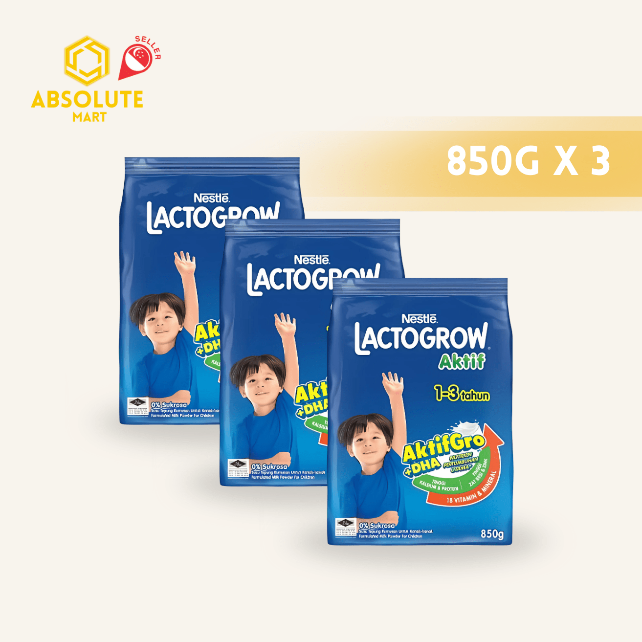 [TRIPLE PACK] NESTLE Lactogrow Active 1 - 3 Years 850G X 3 (PACKETS) - ABSOLUTE MART[TRIPLE PACK] NESTLE Lactogrow Active 1 - 3 Years 850G X 3 (PACKETS)Powdered Milk