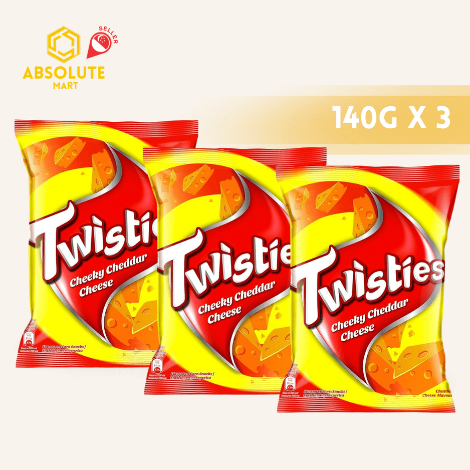 [TRIPLE PACK] TWISTIES Cheeky Cheddar Cheese 140G X 3 (PACKETS) - ABSOLUTE MART[TRIPLE PACK] TWISTIES Cheeky Cheddar Cheese 140G X 3 (PACKETS)Corn Chips