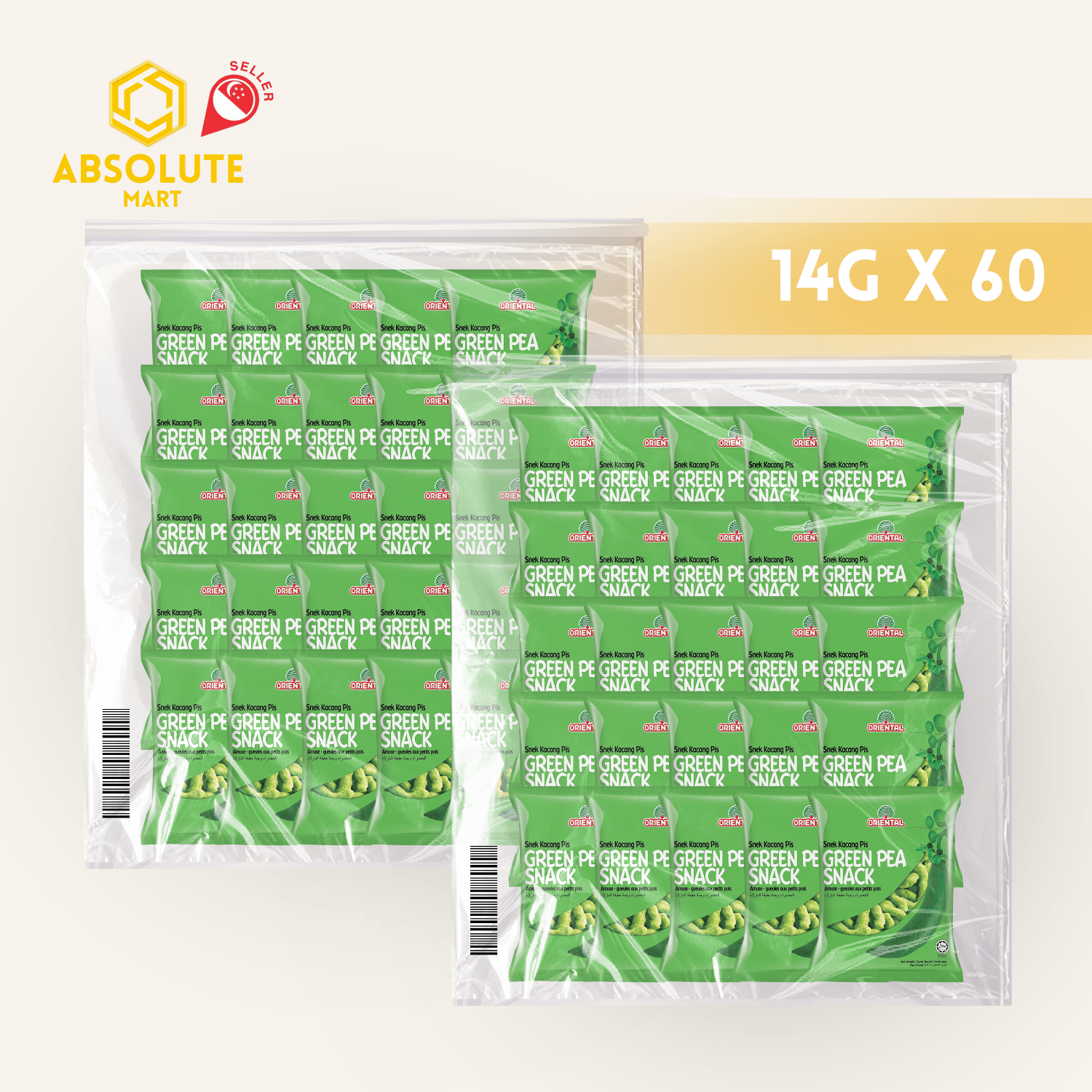 [TWIN BUNDLE] ORIENTAL Green Peas Snack 2 X 30 X 14G (PACKETS) - ABSOLUTE MART[TWIN BUNDLE] ORIENTAL Green Peas Snack 2 X 30 X 14G (PACKETS)Puffed Snacks