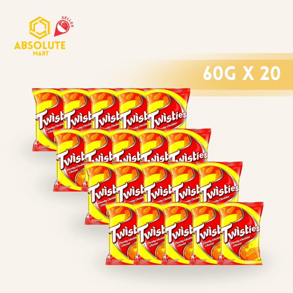 [TWIN BUNDLE] TWISTIES Cheeky Cheddar Cheese 60G X 10 X 2 (PACKETS) - ABSOLUTE MART[TWIN BUNDLE] TWISTIES Cheeky Cheddar Cheese 60G X 10 X 2 (PACKETS)Corn Chips