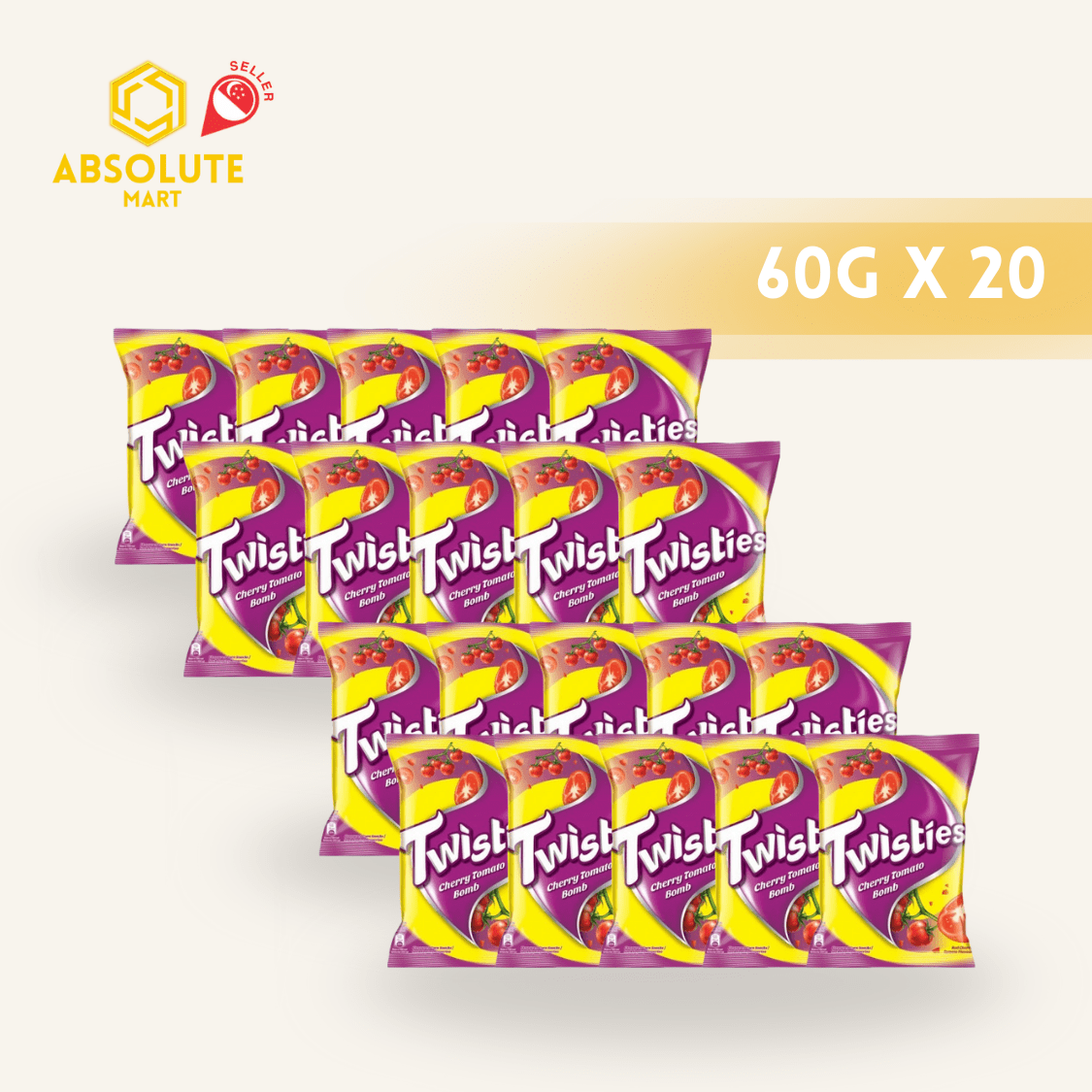 [TWIN BUNDLE] TWISTIES Cherry Tomato 60G X 10 X 2 (PACKETS) - ABSOLUTE MART[TWIN BUNDLE] TWISTIES Cherry Tomato 60G X 10 X 2 (PACKETS)Corn Chips