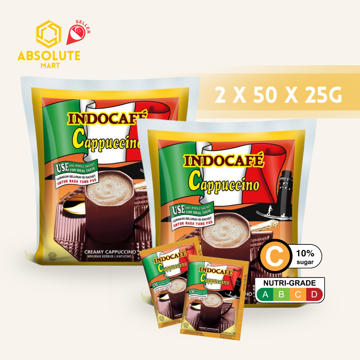 [TWIN PACK] INDOCAFE Cappuccino 2 Pack X 50 X 25G (SACHET) - ABSOLUTE MART[TWIN PACK] INDOCAFE Cappuccino 2 Pack X 50 X 25G (SACHET)Instant Coffees & Coffee Granules