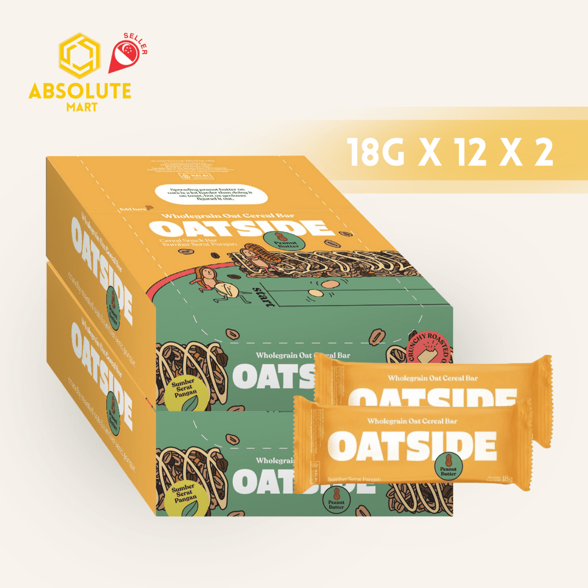 [TWIN PACK] OATSIDE Peanut Butter Wholegrain Oat Cereal Bar 2 Pack X 12 X 18G - ABSOLUTE MART[TWIN PACK] OATSIDE Peanut Butter Wholegrain Oat Cereal Bar 2 Pack X 12 X 18GCereal & Snacks Bars